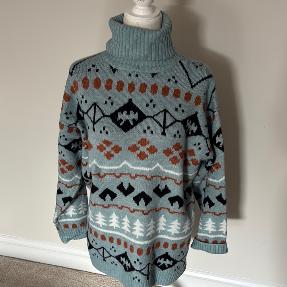 Panache Blue and Black Cowl Turtleneck Sweater